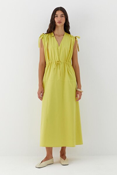 MARKALİSTE Drawstring Detailed V-Neck Dress Oil Green