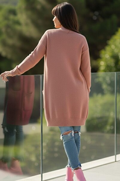 Mossta Women's Long Pocket Knit Cardigan – Pastel Tone, Casual Comfortable Fit – Powder