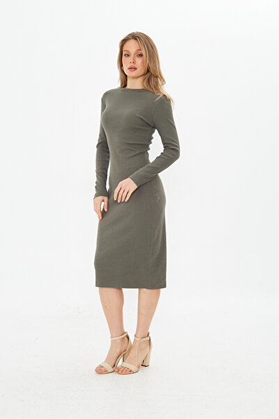 ESPİNA Half Turtleneck Bodycon Long Sleeve Ribbed Camisole Dress Khaki