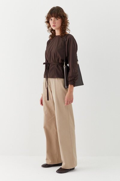 MARKALİSTE Drawstring Cuffed Belted Blouse Brown