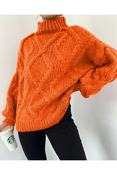Modamorfo Πορτοκαλί χειμωνιάτικο πουλόβερ - μισό λαιμό και μανίκι με μπαλόνι