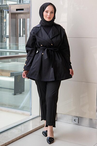 Ghisa Double-Breasted Collared Denim Combination Short Trench Coat