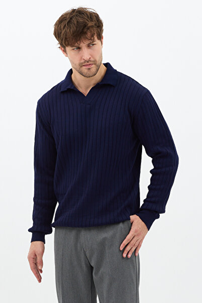 Tarz Cool Navy Blue Men's Polo Neck Ribbed Knitwear Sweater