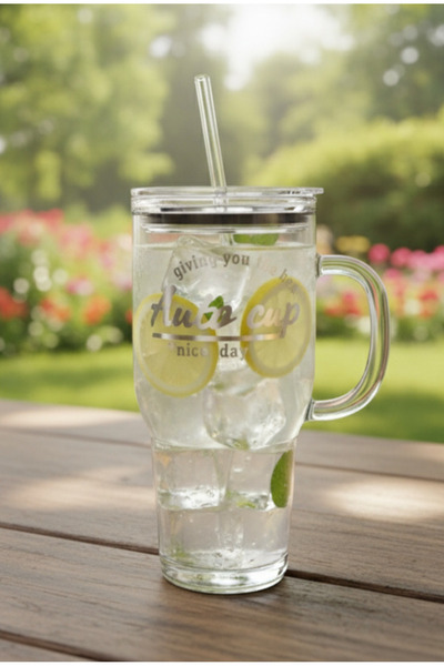 Vovo Concept 1200 ml Large Glass Thermos – Leak-Proof with Mica Lid, Glass Cup with Straw and Writing