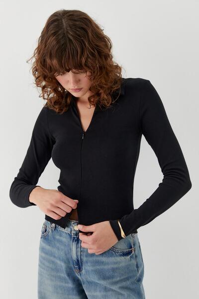 MARKALİSTE Polo Neck Front Hidden Zipper Blouse Black