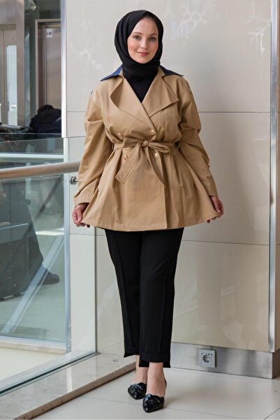 Ghisa Double-Breasted Collared Denim Combination Short Trench Coat