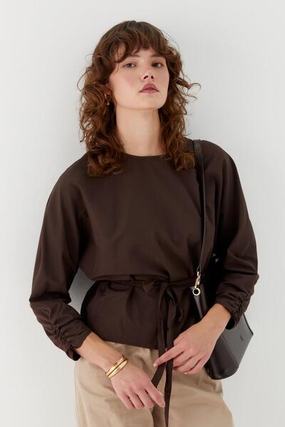 MARKALİSTE Drawstring Cuffed Belted Blouse Brown