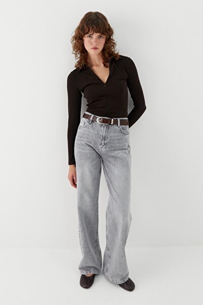 MARKALİSTE Μπλούζα με λαιμόκοψη πόλο με κρυφό φερμουάρ μπροστά, καφέ πικρό