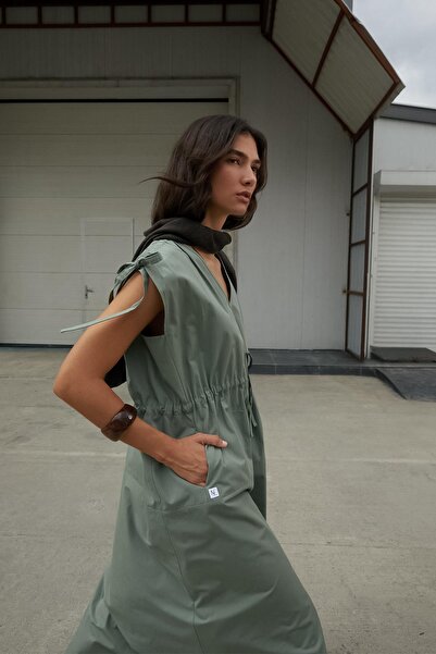 MARKALİSTE Drawstring Detailed V-Neck Dress Khaki