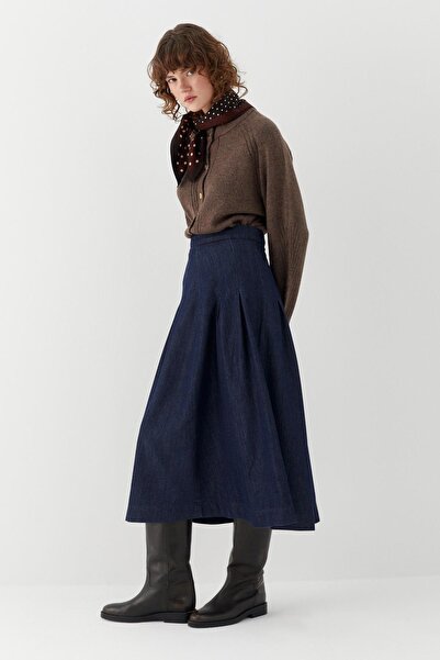 MARKALİSTE High Waist Pleated Midi Skirt Navy Blue