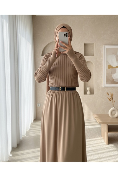 Modamorfo Turtleneck Corded Fabric Knitwear Sweater -Mink