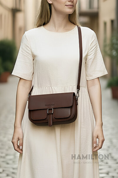 HAMILTON Original Women's Dark Brown Crossbody Adjustable Strap Lined Leather Baguette Shoulder Bag with Card Holder