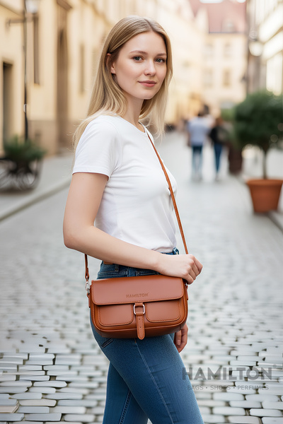 HAMILTON Original Women's Card Holder Tan Cross Adjustable Strap Lined Leather Baguette Daily Shoulder Bag