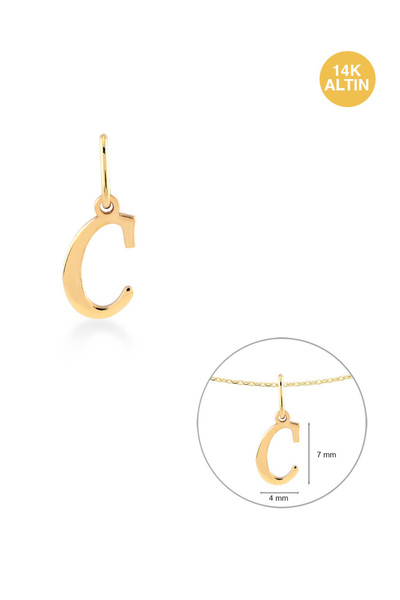 KURSHUNI Taşsız C Harfi, 14 Ayar Altın Kolye Ucu