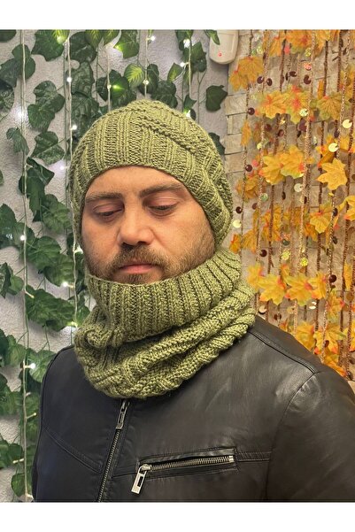 Gönülden Tasarım Hand Knitted Soft Wool Men's Beret Neck Collar Set Unisex