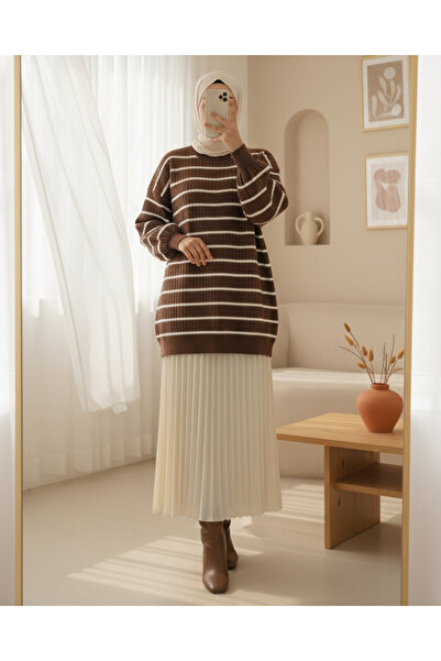 Modamorfo Πλεκτό τουνίκ με λαιμόκοψη κοτλέ - Καφέ