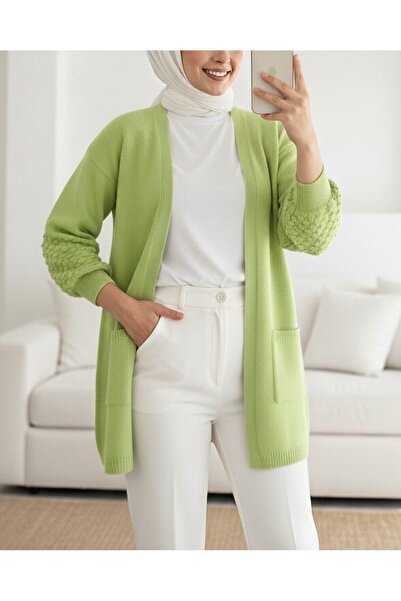 Modamorfo Balloon Sleeve Pompom Pocket Cardigan -F.Green