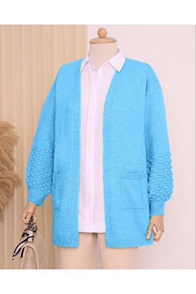 Modamorfo Balloon Sleeve Pompom Pocket Cardigan -Turquoise