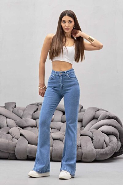 BİKELİFE Dámské modré džíny s vysokým pasem a pružnými nohavicemi