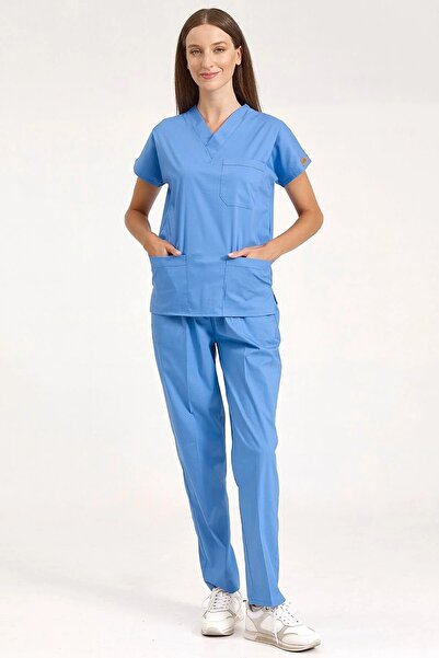 Brl Üniforma Tricou Saks Blue Lycra Doctor și Asistentă Costum Chirurgical Un...