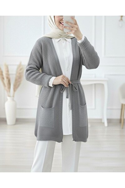 Modamorfo Lace-Up Solid Color Knitted Cardigan - Gray