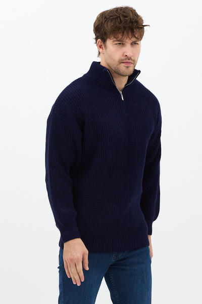 COOL TARZ Navy Blue Men's Oversize Zippered Fisherman Knit Sweater