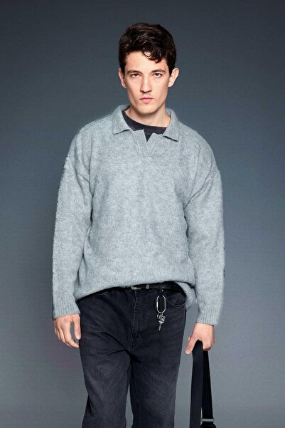 ablukaonline Men's Polo Neck Soft Textured Oversize Sweater Gray