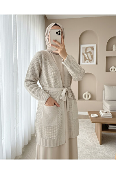 Modamorfo Lace-Up Solid Color Knitted Cardigan -Stone