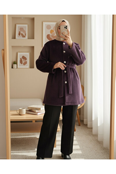 Modamorfo Buttoned Waist-Tie Fur Jacket - Plum