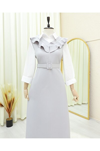 Modamorfo Long Gilet Dress with V-Neck Belt - Gray