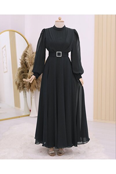 Modamorfo Öv kövekkel, elöl redőzött hidzsáb ruha - fekete