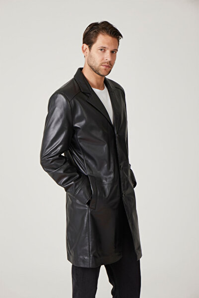 Deriderim Black Tarkan Buttoned Lined Trench Coat Men's Genuine Leather Coat