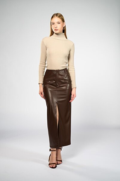 Thalure Kadın Kahverengi Deri Cepli Kalem Etek