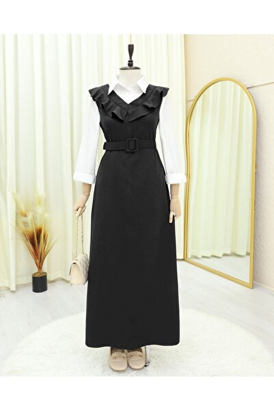 Modamorfo Dlouhé šaty s výstřihem do V a páskem - černé