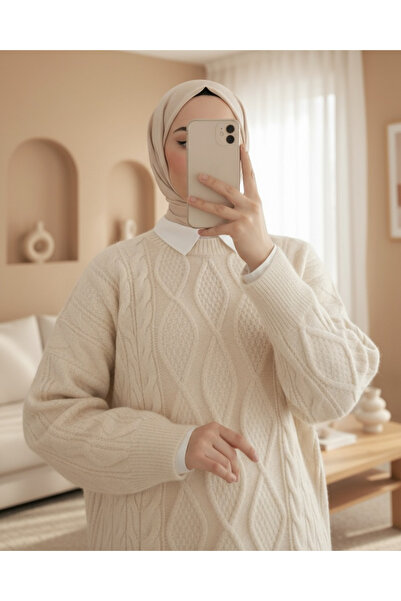 Modamorfo Zimní ležérní pletený svetr s voštinovým vzorem - Ecru