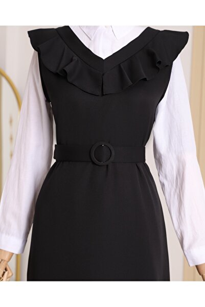 Modamorfo Dlouhé šaty s výstřihem do V a páskem - černé