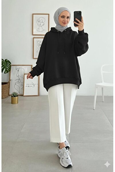 onlymoon Μαύρο φούτερ oversized ♦   3 Νήματα Στρογγυλής Σχεδίασης ♦   100% βαμβάκι ♦   με κουκούλα ♦   Χιτζάμπα ♦   Άνετη εφαρμογή