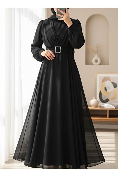 Modamorfo Öv kövekkel, elöl redőzött hidzsáb ruha - fekete