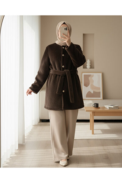 Modamorfo Buttoned Waist-Tied Fur Jacket - Earth