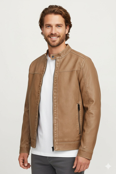 Jack & Jones 12273444 Pu Leather Jacket Coat Safari Color