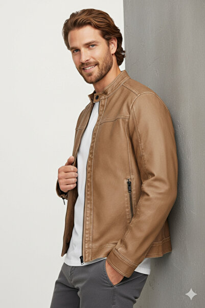 Jack & Jones Jjewarner Washed Pu Jacket Pu Leather Coat Noos Safari