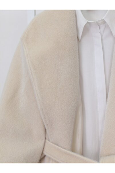 Modamorfo Ribbed Sleeve Shawl Collar Lined Cashmere Coat - Cream