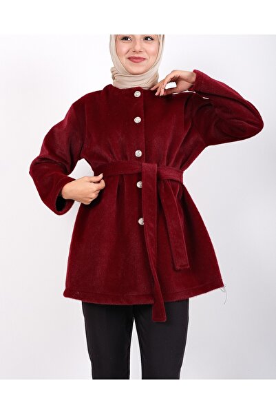 Modamorfo Buttoned Waist-Tie Fur Jacket - Burgundy