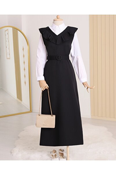 Modamorfo Dlouhé šaty s výstřihem do V a páskem - černé