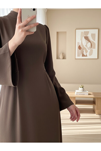 Modamorfo Hakim Yaka Belden Bağlamalı Elbise          -K. Kahve