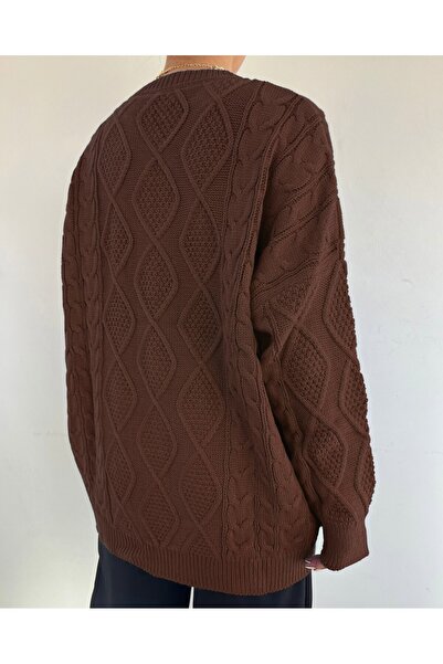 Modamorfo Πουλόβερ χειμερινό casual πλεκτό με σχέδιο κηρήθρας - Καφέ