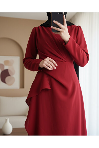 Modamorfo Asymmetrical Crepe Dress with Allerli Skirt on the Front - Red
