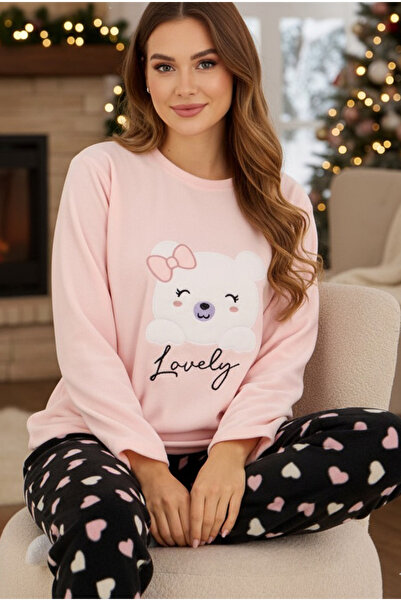 Siyah İnci Pink Heart Patterned Teddy Bear Embroidered Fleece Winter Knitted Pajama Set