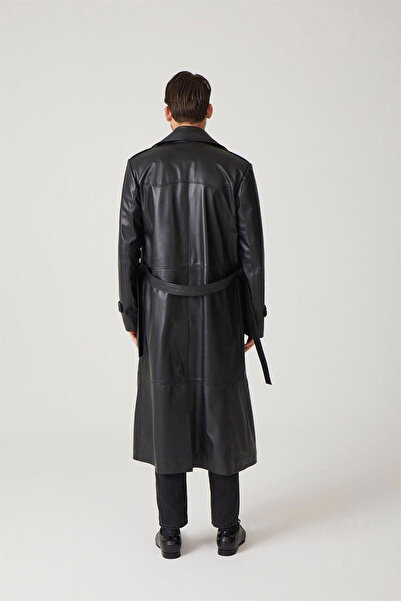 Deriderim Black Matrix Double Breasted Trench Coat - Men's Genuine Leather Coat with Button Closure, Slit and Belt