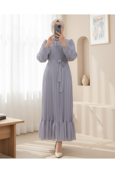 Modamorfo Dress with Robe on the Front, Pleated Sleeves and Size - Gray